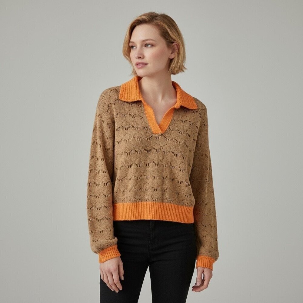 Flat White Light Brown & Orange Open-Knit Polo Sweater Size XS
